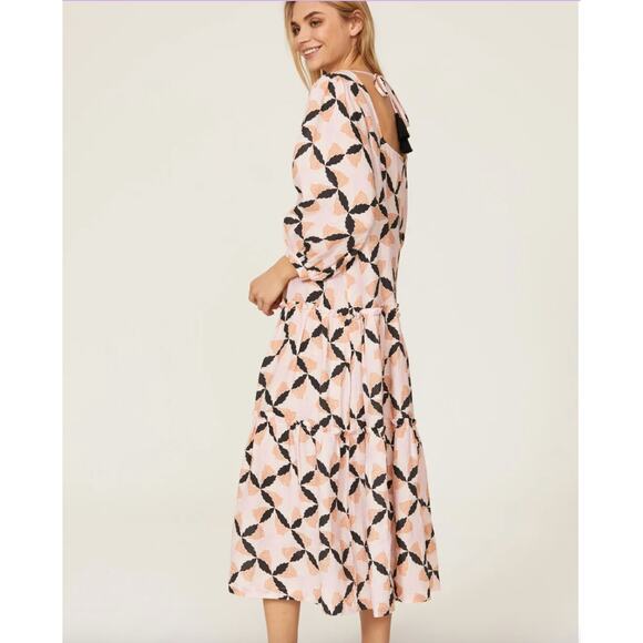 The Odells Dress Womens X Small Pink White Geo Print Lyla Motif Midi Puff Sleeve - Picture 2 of 9